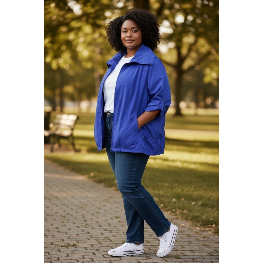 Liz & Me Womens Blue Zip Up Collar Jacket Size 2X Plus Casual Lightweight